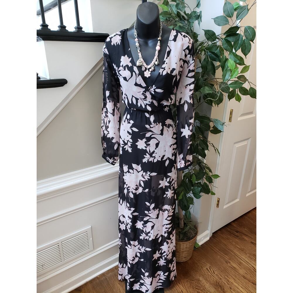 Windsor Long Maxi Dress Women L Black Floral Sheer Surplice Neckline Cinch Waist